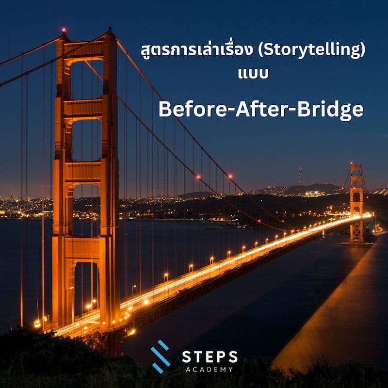 สูตรการเล่าเรื่อง (Storytelling) แบบ Before-After-Bridge  อ่านเพิ่มเติมได้ที่: https://blog.stepstraining.co/content/7-formula-storytelling